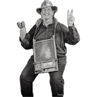 a black and white photo of a man holding a peace sign
