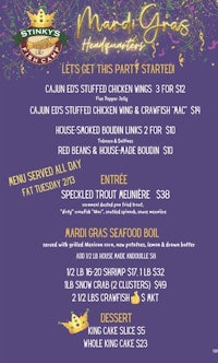 Stinky’s Fish Camp Mardi Gras Menu served all day on Fat Tuesday